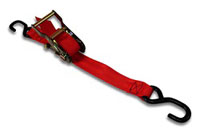 A red ratchet strap with a hook ending
