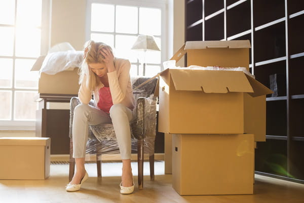 a stressed woman sits on a chair near a stack of moving boxes