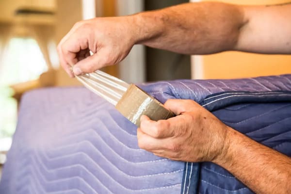 a mover is taping a moving blanket to secure it to a piece of furniture