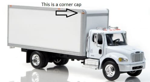 A white box truck with an arrow pointing to the corner cap