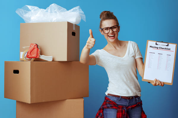 happy young woman in white t-shirt near cardboard box showing moving checklist and thumbs up isolated on blue