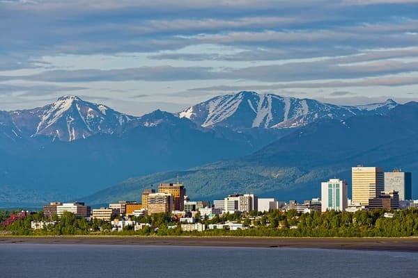 Downtown Anchorage Alaska with mountains in the background