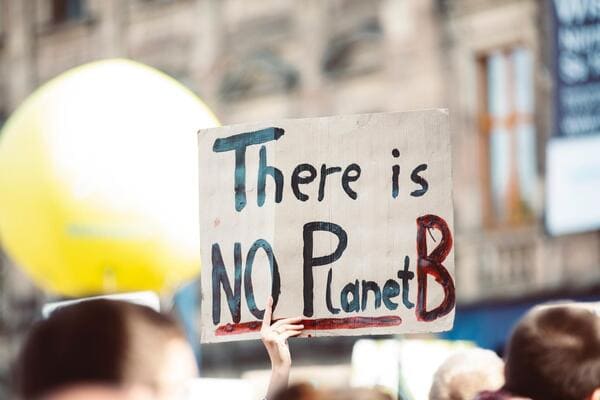 a protestor holds a sign that says 'there is no planet b'