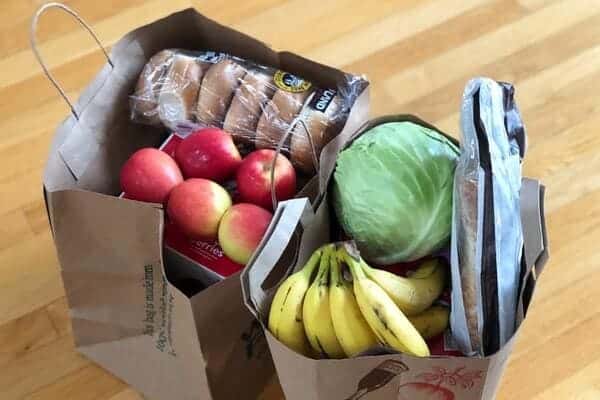 Two paper grocery bags filled with fruits and vegetables