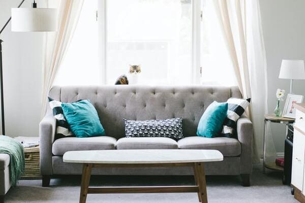 A grey couch with blue pillows in a small living room