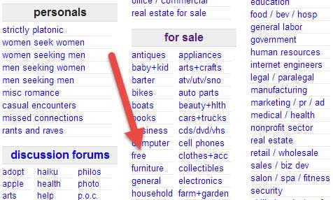 A screenshot of a Craigslist landing page with an arrow pointing at the free stuff link